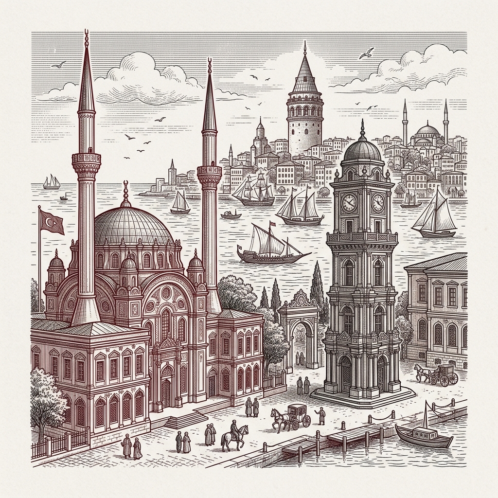 Tophane panoraması: Nusretiye Camii, Tophane Saat Kulesi, Galata ve Boğaz
