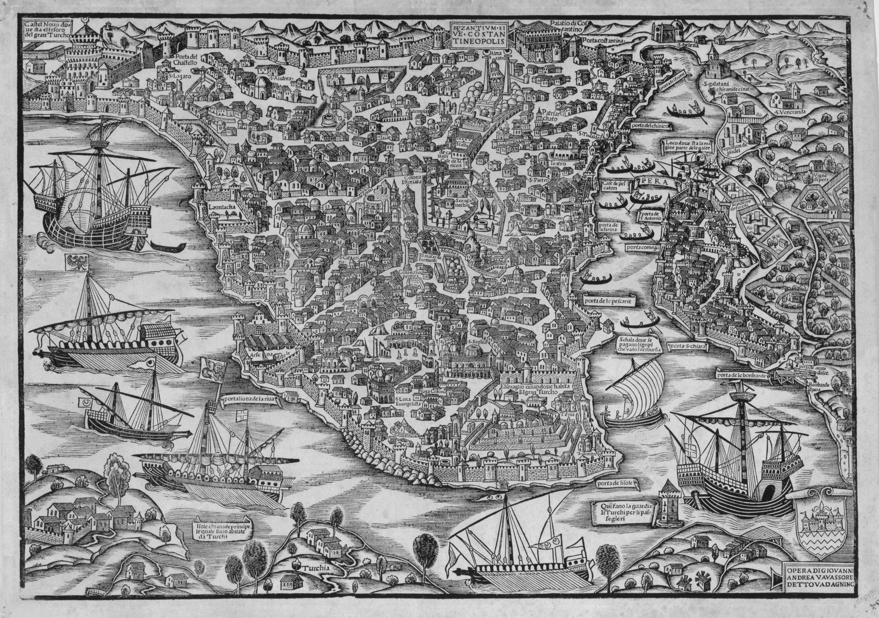 Giovanni Andrea Vavassore'un kuşbakışı İstanbul ahşap baskısı, yaklaşık 1520